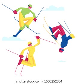Sportsmen Freestyle Skiing Jump. Winter Sport Activity Combine Skiing and Acrobatics Stunts. Aerialist Skiers Making Somersault and Extreme Tricks over Springboard Cartoon Flat Vector Illustration