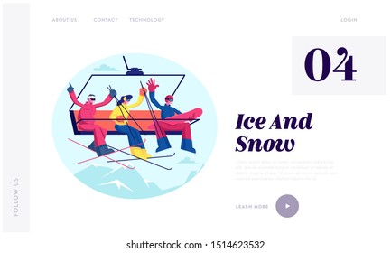 Sportsmen Go Up Hill on Rope Mountain Funicular Website Landing Page. Skiers and Snowboarder with Equipment Group of Friends Having Fun on Ski Resort Web Page Banner. Cartoon Flat Vector Illustration