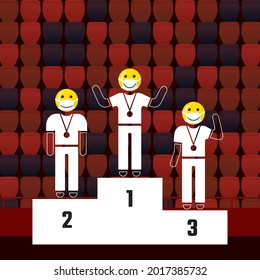 Sportsmen with Happy Smiling Faces Protected with Medical Masks on Winners Podium in Front of Stadium Empty Stands - White Elements on Multicolor Background - Vector Mixed Graphic Design