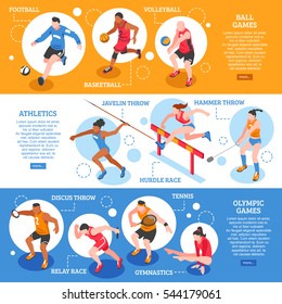 Sportifs bannières horizontales isométriques avec joueurs et athlètes de différents types de sport illustration vectorielle isolée