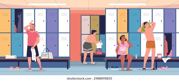 Sportsmen locker room. Gym athletes or football players indoor stadium cloakroom, sportsman with towel at lockers sport club team resting after training, classy vector illustration authors graphics