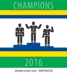 Sportsmen on the Podium Composition with Champions 2016 Text - Three Black Winners Silhouettes Blue Sport Podium Yellow and Green Stripes on White Background - Infographic Flat Design