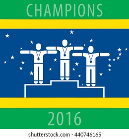 Sportsmen on the Podium Composition with Champions 2016 Text - Three White Winners Silhouettes Arms Extended on Podium Yellow and Green Stripes on Blue Night Sky Background - Infographic Flat Design