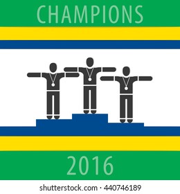 Sportsmen on the Podium Composition with Champions 2016 Text - Three Black Winners Silhouettes Arms Extended Standing on Blue Podium in Front of Green Yellow White Background - Infographic Flat Design