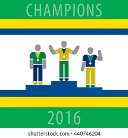 Sportsmen on the Podium Composition with Champions 2016 Text - Three Colored Winners Silhouettes Blue Sport Podium Yellow and Green Stripes on White Background - Infographic Flat Design