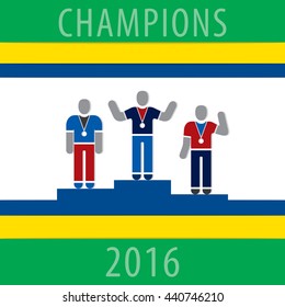 Sportsmen on the Podium Composition with Champions 2016 Text - Three Colored Blue and Red Winners Silhouettes Sport Podium Yellow and Green Stripes on White Background - Infographic Flat Design