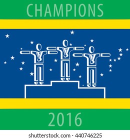 Sportsmen on the Podium Composition with Champions 2016 Text - Three Outlined Winners Silhouettes Arms Extended Standing on Podium in Front of Blue Green and Yellow Starry Background - Flat Design