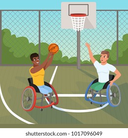 Sportsmen on wheelchairs playing with ball. Sports basketball court. Athletes with physical disabilities. Active lifestyle. Bushes, sky and fence on background. Flat vector