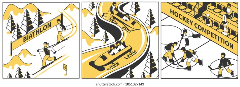 Sportsmen on winter hockey biathlon and bobsleigh competitions isometric compositions set isolated vector illustration