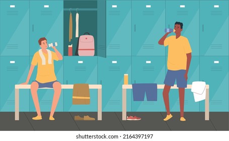 Sportsmen people drinking water in fitness club dressing room flat composition vector illustration