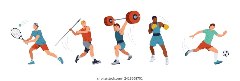 Sportsmen performing athletic summer disciplines color vector icon big set. Skilled athletes exercising illustration pack on white background