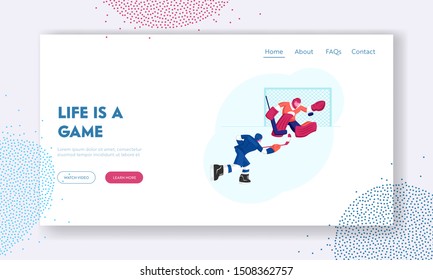 Sportsmen Play Hockey on Stadium Website Landing Page. Competition on Ice Rink. Attacking Player Hitting Puck, Goalkeeper Catching it Protecting Gates Web Page Banner. Cartoon Flat Vector Illustration