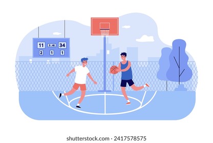 Sportsmen playing basketball at sports ground. Vector illustration. Street ball, scoreboard, basketball hoop. Sport, courtside madness concept