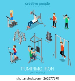 Sportsmen Pumping Iron Gym Workout Exercise Flat 3d Web Isometric Infographic Vector. Icon Set Of Running Treadmill Horizontal Bar Dumbbells Elliptical Trainer. Creative People Collection.