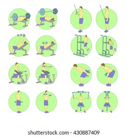 Sportsmen Pumping Iron Gym Workout Exercise Flat Vector. Icon Set Of Flat Bench Press And  Incline Dumbbell Chest Press, Dips, Triceps Pull-downs, Butterfly Machine, Preacher Curls, Standing Dumbbell