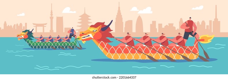 Sportsmen Rowing on Boat Dragon, Oriental Festival, Sport Competition, Extreme Activity, Championship Water Sports Games. People Teams Row on Green and Red Boats Concept. Cartoon Vector Illustration