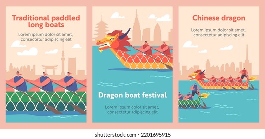 Sportsmen Rowing on Boat Dragon Cartoon Banners. Oriental Festival, Sport Competition, Extreme Activity, Championship Water Sports Games. People Teams Row on Green and Red Boats. Vector Posters