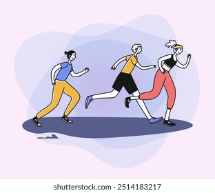 Esportistas correndo maratona. Grupo de pessoas ativas correndo ao ar livre ilustração de vetor plana. Atividade, estilo de vida saudável, conceito de exercício matinal para banner, design de site ou landing page