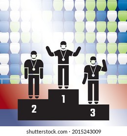Sportsmen Silhouettes Wearing Protection Medical Masks on Winners Podium in Front of Stadium Empty Stands - Black Elements on Multicolor Background - Vector Mixed Graphic Design