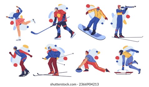 Sportsmen snowboarders alpine skiers and cross-country skiers boys girls cartoon characters. Vector people in winter sport, freestyle skiing, sliding, bobsled, ski jumping, curling and figure skating