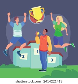 Sportsmen and sportswoman celebrating victory vector illustration. Winners with champion cup, gold medal near victory podium. Victory celebration, competition concept