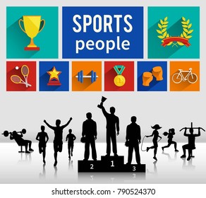 Sportsmen sportswomen successful winning people concept with medals prizes and sport symbols composition banner abstract vector illustration