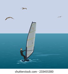 Sportsmen surfer sail in the blue sea, in the sky flying seagull. Eps10, contains transparencies. Vector