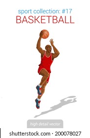 Sportsmen vector collection. Basketball black man player slam dunk jump with ball. Sportsman high detail illustration. 