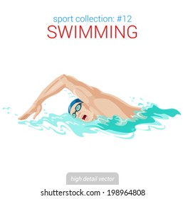 Sportsmen vector collection. Swimmer man crawl stroke pool competition. Sportsman high detail illustration.