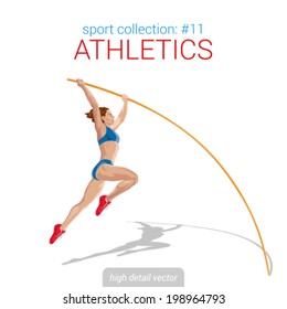 Sportsmen Vector Collection. Vault Jumper Female Athlete Pole Jump. Sportsman High Detail Illustration.