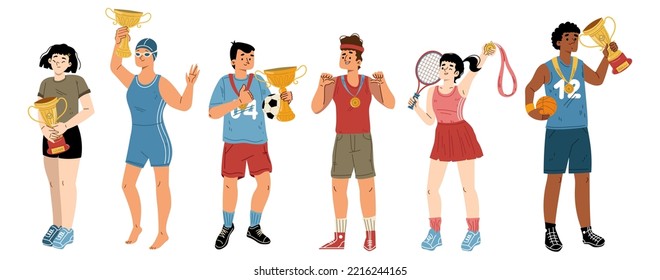 Ganadores deportivos y campeones. Jóvenes sonrientes y felices personajes deportivos con trofeo de oro en las manos celebran la victoria en fútbol, tenis, competencia de natación, ilustración lineal vectorial plana de dibujos animados