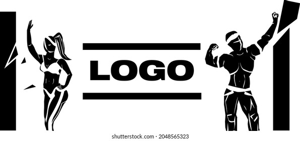 Sportsmen woman and man kick black and white illustration