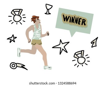 Sportsmet running with sports symbols in doodle style and Winner lettering. Runner isolated on white background. Vector color illustration.