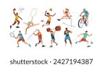Sportspeople performing summer disciplines color vector icon big set. Men and women doing sports exercises illustration pack on white background