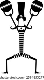 Sportsperson. Weightlifter. Kettlebell. Man does exercises with the heavy sports kettlebell. Funny mustache man in the top hat and striped cloth lifting heavy kettlebells with two hands