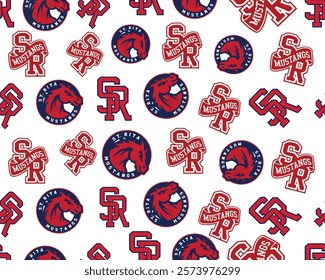 Sports-themed seamless pattern showcasing St. Rita Mustangs logo in red, white, and blue. Ideal for team branding, apparel, merchandise, and creative designs that embody school spirit and pride.