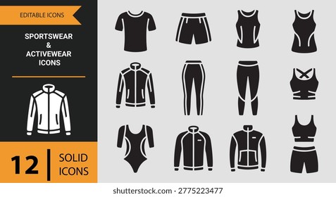Sportswear and activewear solid icons featuring gym clothing fitness outfits ideal for athletic branding and modern lifestyle design projects