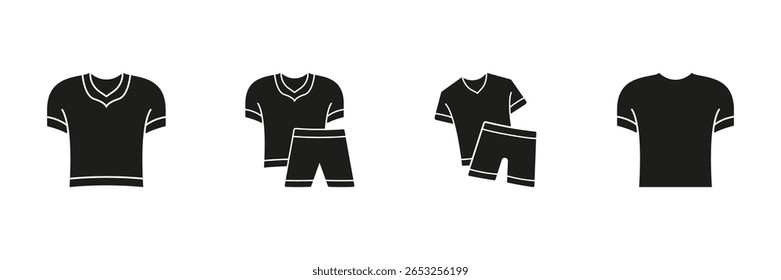 Conjunto De Ícones Sólidos De Roupas Esportivas E Casuais. Coleção De Símbolos De Vestuário Atlético, T-Shirts E Silhueta De Calções. Elementos De Design De Desgaste De Fitness E Lazer. Ilustração de vetor isolada.