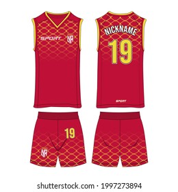 Sportswear Design Template, Basketball Jersey Mockup for Basketball Club, Yellow and Red Colors, Uniform Front and Back View, Commercial Use