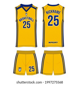 Sportswear Design Template, Basketball Jersey Mockup for Basketball Club, Yellow and Navy Colors, Uniform Front and Back View, Commercial Use