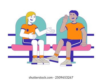 Sportswear crianças diversas conversando em lugares do estádio personagens de desenhos animados 2D. Educação física crianças arquibancadas sentado isolados pessoas vetor plano em fundo branco. Ilustração especial colorida