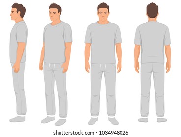 sportswear fashion man isolated, front, back and side view, vector illustration of male in tracksuit