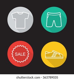 Sportswear flat linear long shadow icons set. T-shirt, shorts, sneakers and sale badge symbols. Sport clothes and shoes. Web store items. Outline logo concepts. Vector line art illustrations