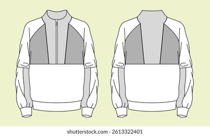Sportswear half zip through high neck jacket outline drawing CAD mockup template.
