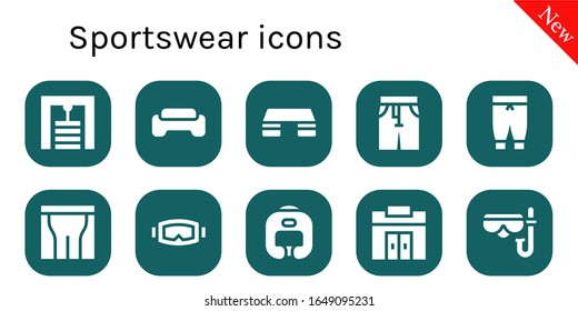 sportswear icon set. 10 filled sportswear icons. Included Gym station, Gym, Fitness step, Pants, Diving mask, Boxing helmet icons