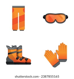 Sportswear icons set cartoon vector. Ski and snowboard gear, winter sport