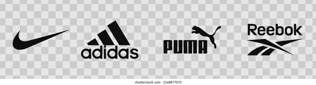 Sportswear logos. Nike, Adidas, Puma, Reebok. Vector. VINNYTSIA, UKRAINE - JUNE 18, 2022