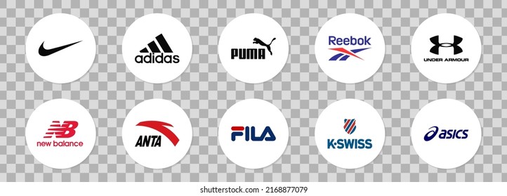 Sportswear logos. Nike, Adidas, Puma, Reebok, Under Armour, New Balance, Anta, Fila, K-swiss, Asics. Famous brands. Vector. VINNYTSIA, UKRAINE - JUNE 18, 2022