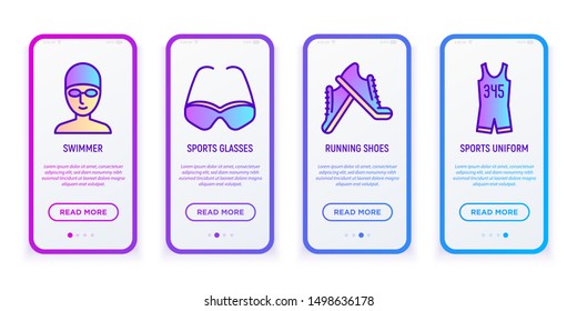 Sportswear mobile user interface. Thin line icons: swimming cap, goggles, running shoes, skinsuit. Modern vector illustration for sport shop.