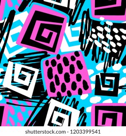 Sportswear print, youth seamless pattern, bright dynamic geometric motif, graffiti style of modern knitwear, swimwear, leggings